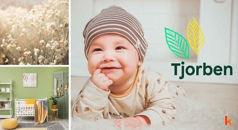 Baby Name Tjorben - Cute baby, nursery, flowers & knitted cap.