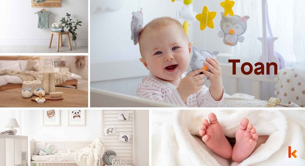 Baby name Toan - cute baby, feet, cradle, booties, room. 