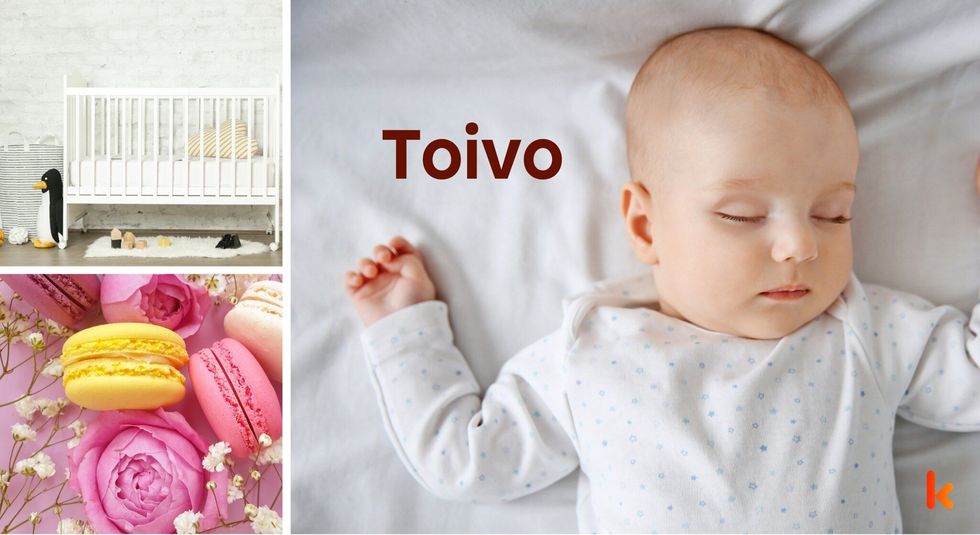 Baby name Toivo - cute baby, macarons, crib, flowers, toys 