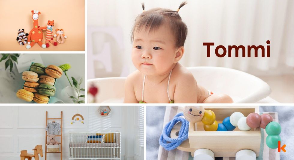 Baby name Tommi - cute baby, macarons, crib, flowers, toys 