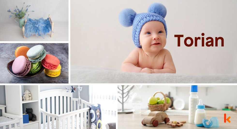 Baby name Torian - cute baby, macarons, crib, flowers, toys.
