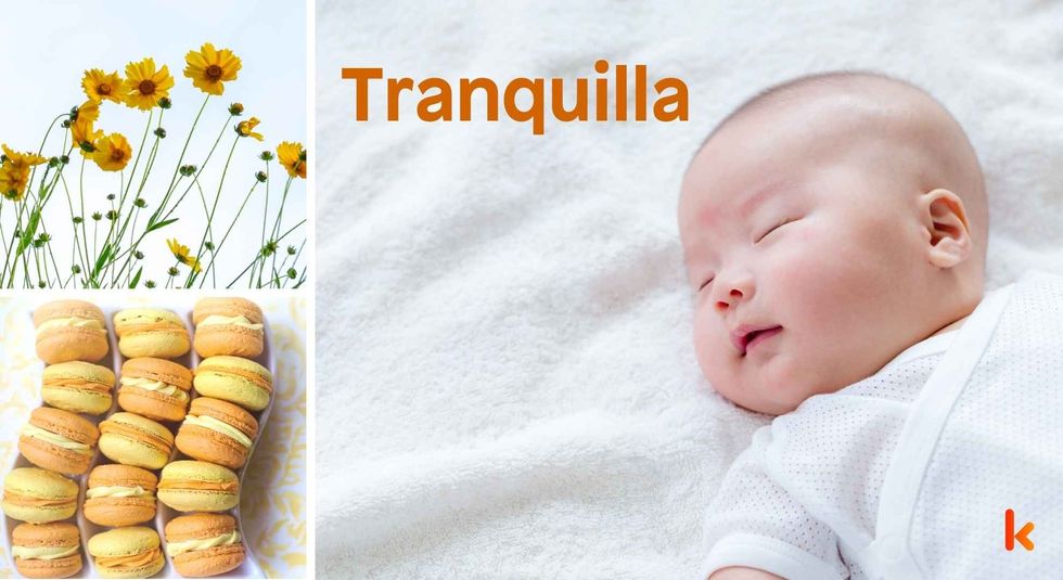 Baby name Tranquilla - cute baby, flowers, macarons