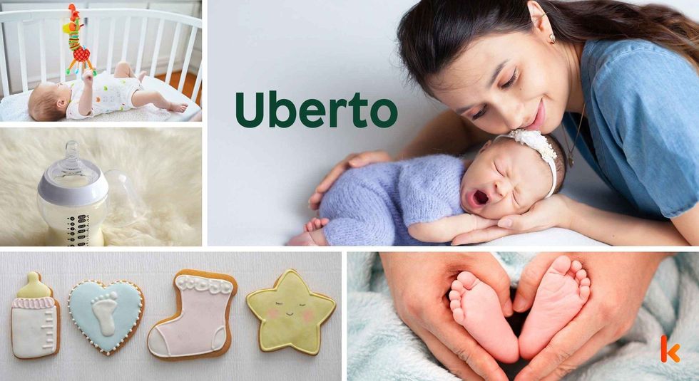 Baby name Uberto - cute baby, baby crib, bottle, cookies & feet