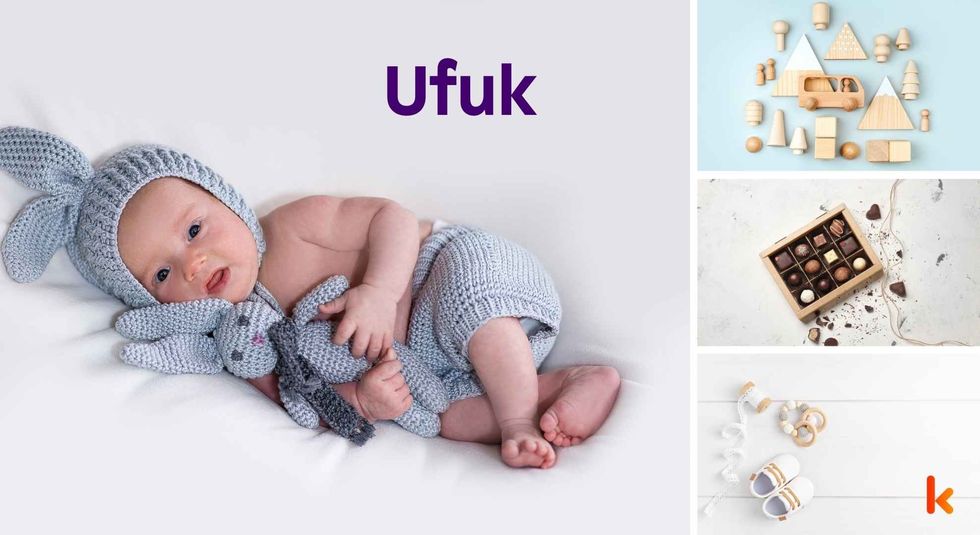 Baby name Ufuk - Cute baby, knitted clothes, chocolates, booties & wooden toys.