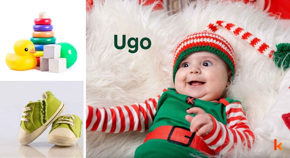 Baby Name Ugo - cute baby, shoes and toys.