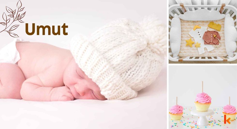 Baby name Umut - Cute baby, knitted cap, cradle, toys & cupcakes.
