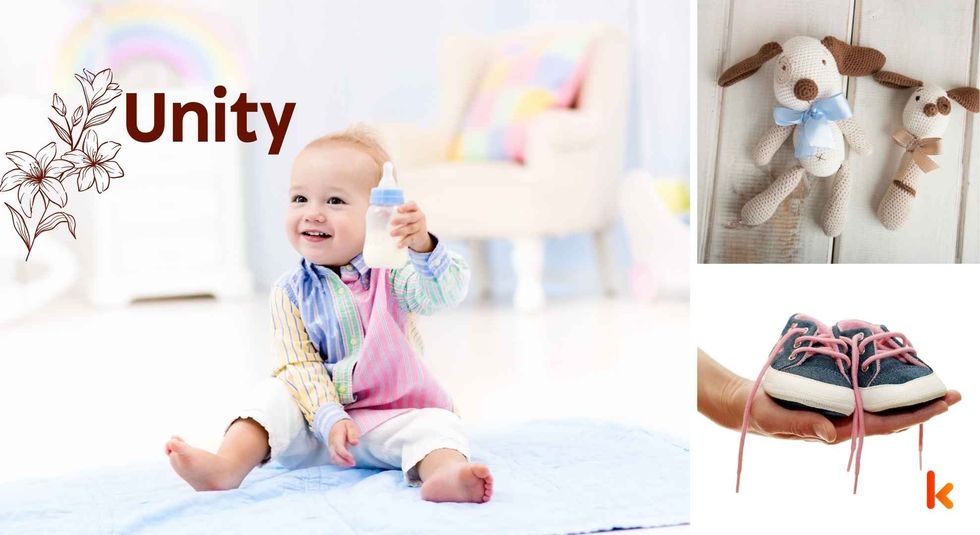 Baby Name Unity - cute baby, flowers, shoes, pacifier and toys.
