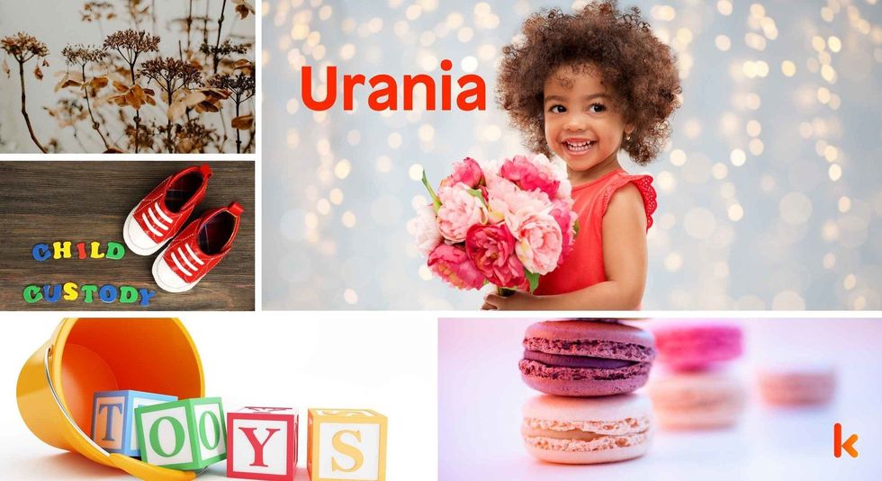 Baby Name Urania - cute baby, flowers, shoes, macarons and toys.