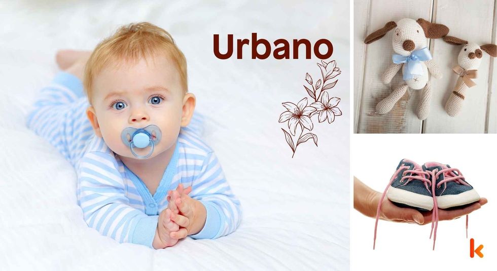 Baby Name Urbano - cute baby, flowers, shoes, pacifier and toys.