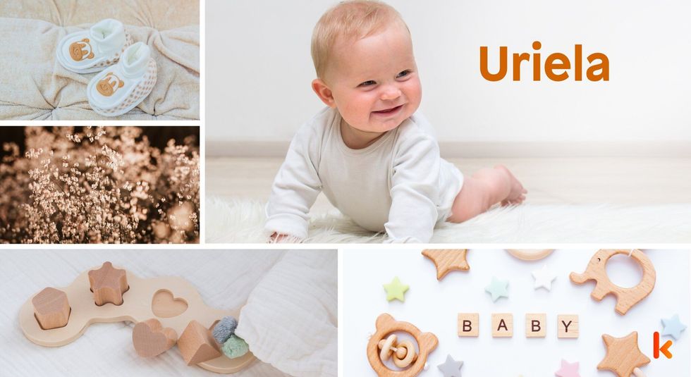 Baby name Uriela - cute baby, flowers, shoes and toys.
