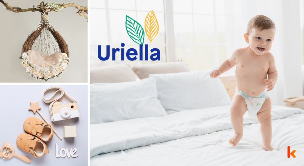 Baby name Uriella - cute baby, flowers, shoes and toys.