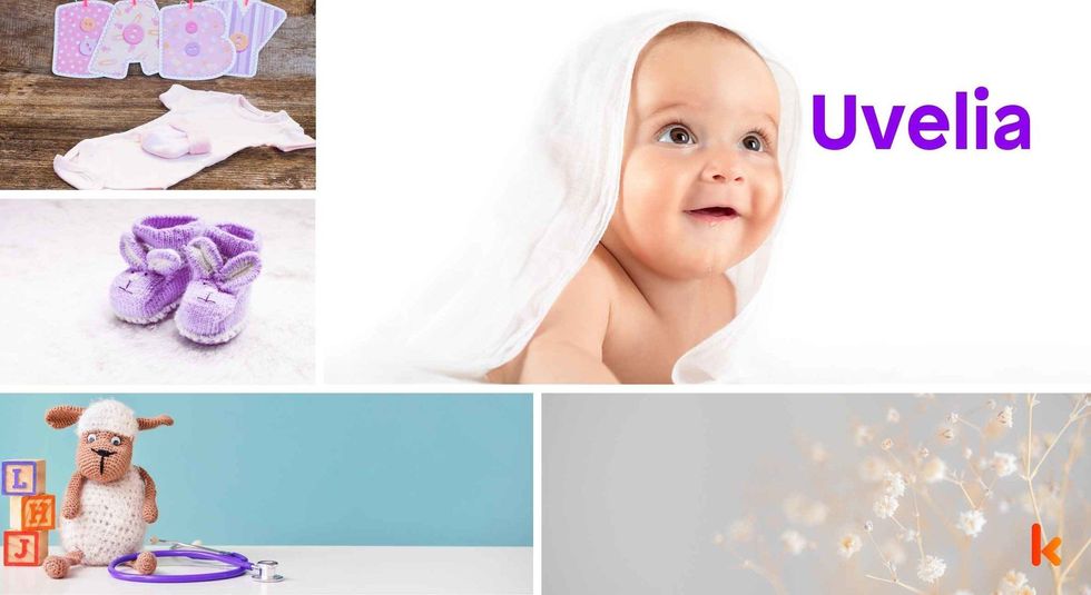 Baby Name Uvelia - cute baby, flowers, dress, shoes and toys.