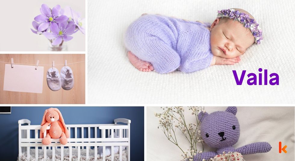 Baby Name Vaila - cute baby, flowers, shoes, cradle and toys.
