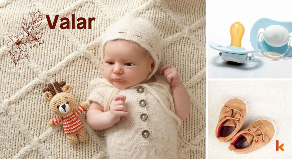Baby Name Valar - cute baby, flowers, shoes, pacifier and toys.