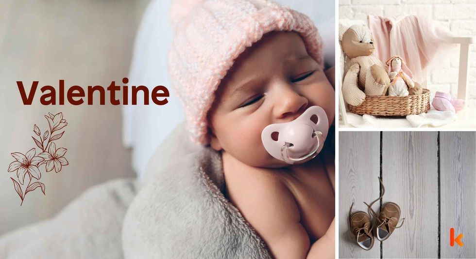 Baby Name Valentine - cute baby, flowers, shoes, pacifier and toys.