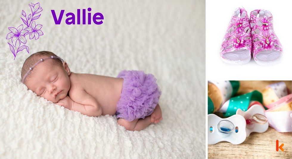Baby Name Vallie - cute baby, flowers, shoes, pacifier and toys