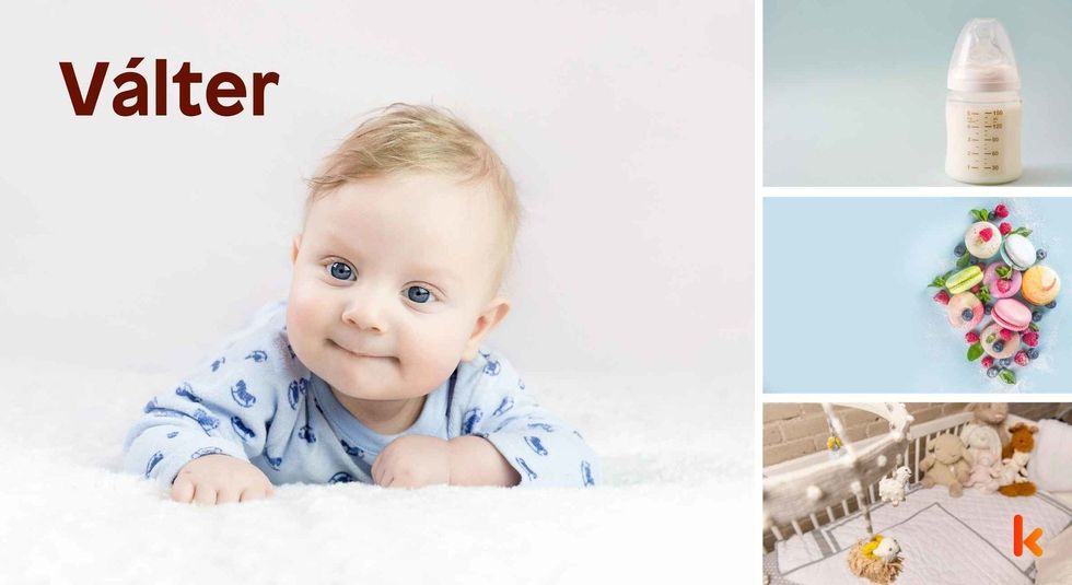 Baby Name Válter- cute baby, crib, sipper, macarons.