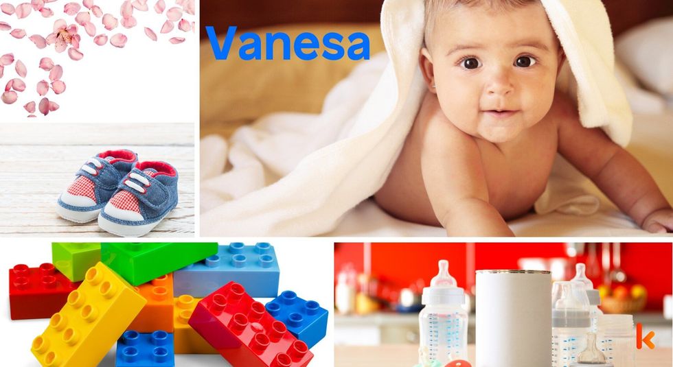 Baby Name Vanesa - cute baby, flowers, shoes, pacifier and toys.