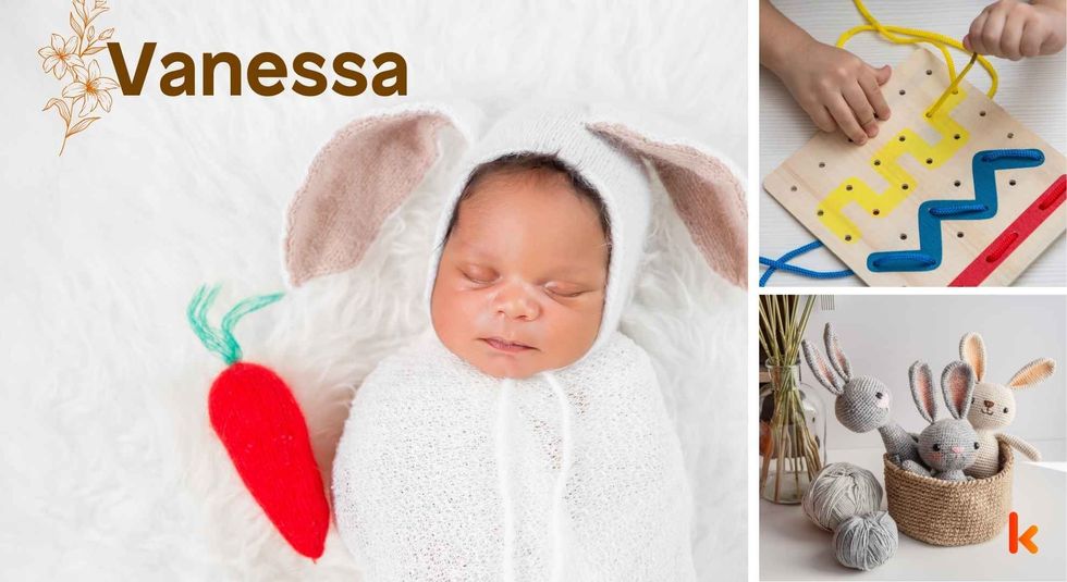 Baby name Vanessa- cute baby, crochet toys & wooden toy.