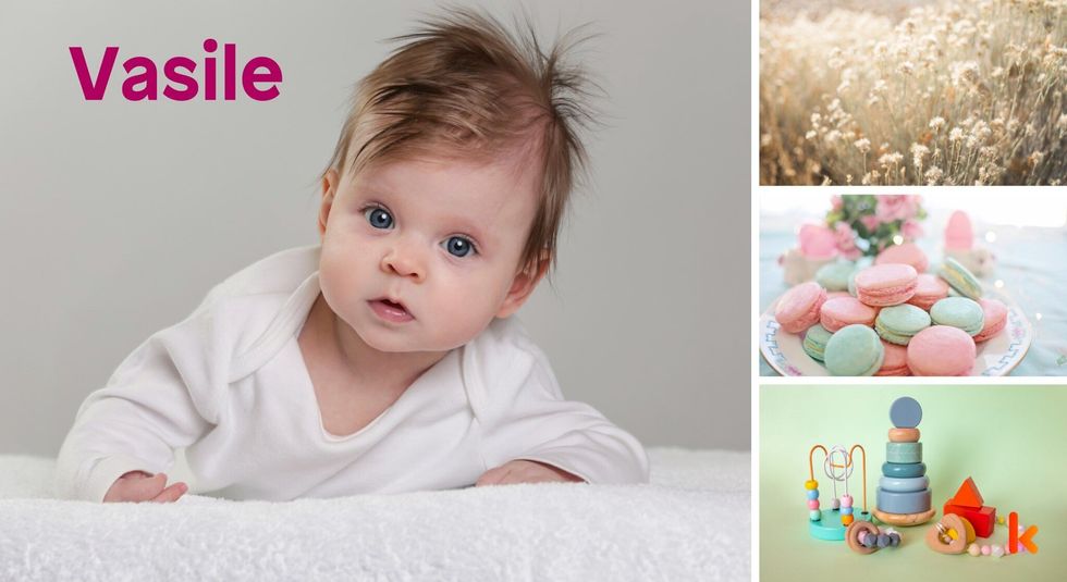 Baby Name Vasile - cute baby, flowers, shoes, macarons and toys.