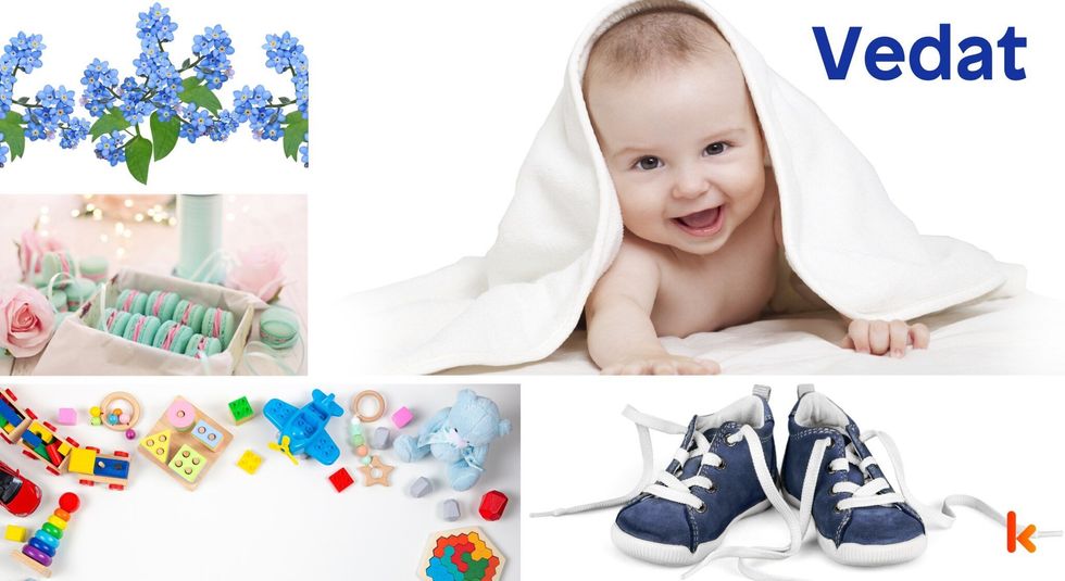 Baby Name Vedat - cute baby, flowers, shoes, macarons and toys.