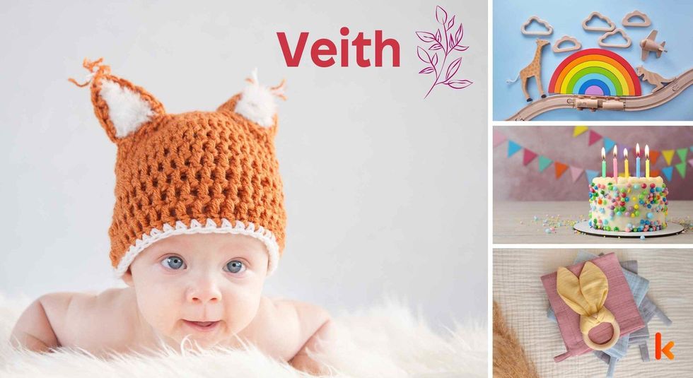 Baby name Veith - cute baby, cute baby costume, color toys & baby cake & dessert.