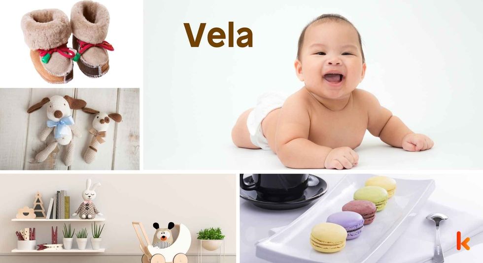 Baby Name Vela - cute baby, shoes, macarons and toys.