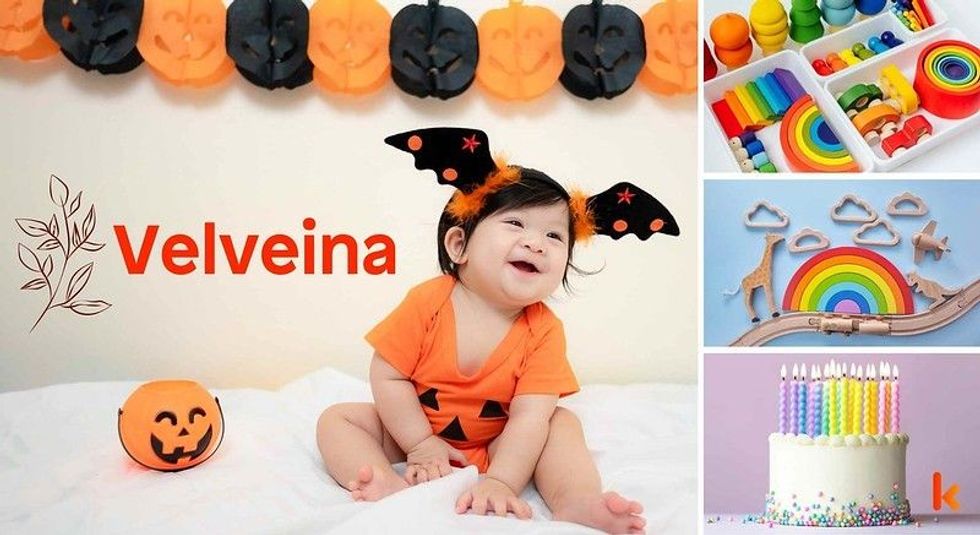 Baby name Velveina - cute baby, cute baby costume, color toys & baby cake & dessert.
