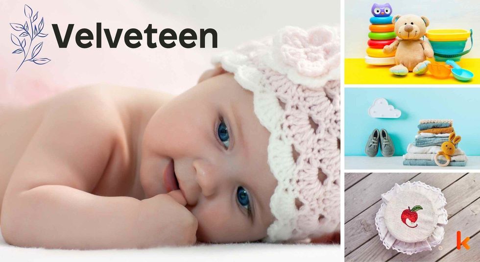 Baby name Velveteen - cute baby, cute baby costume, color toys & baby cake & dessert.