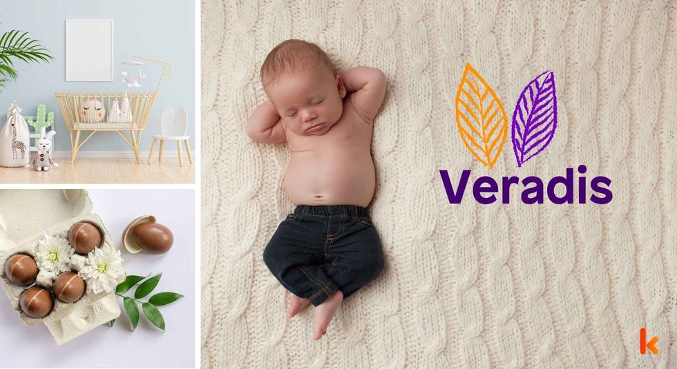Baby name Veradis - Cute baby, desserts, flowers & cradle.