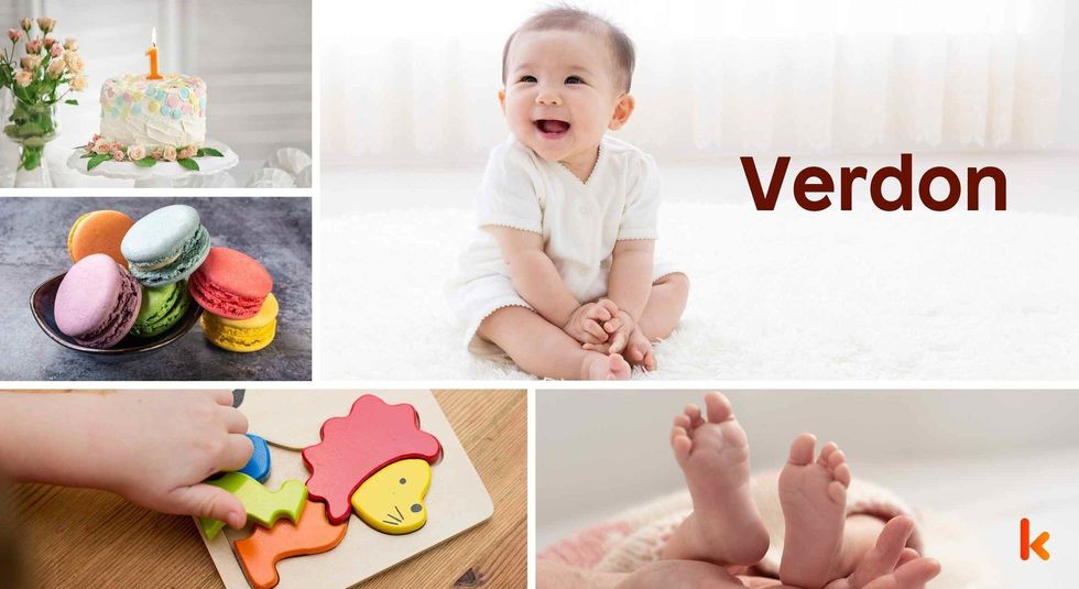 Baby name Verdon - cute baby, cute baby feet, baby flower, color toys & baby costume.
