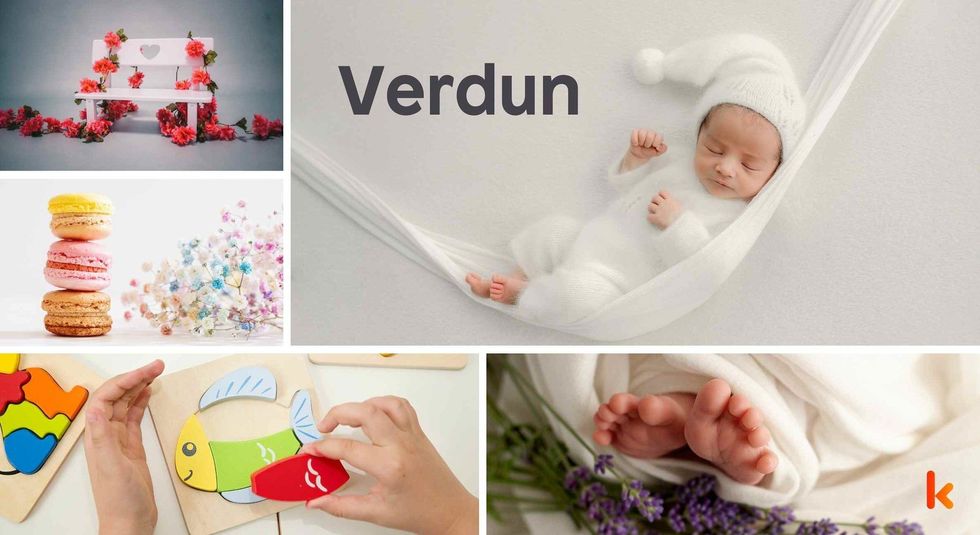 Baby name Verdun - cute baby, cute baby feet, baby flower, color toys & baby costume.