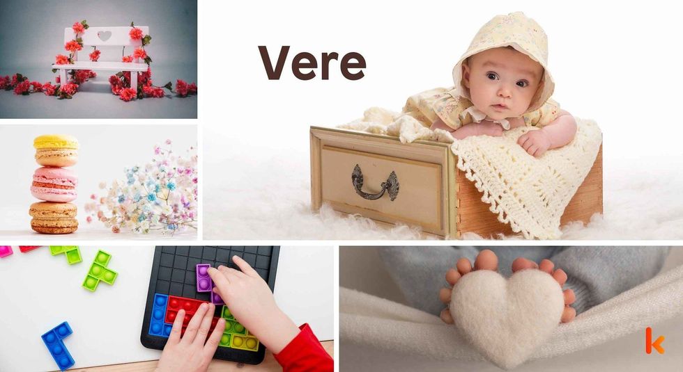 Baby name Vere - cute baby, cute baby feet, baby flower, color toys & baby costume.