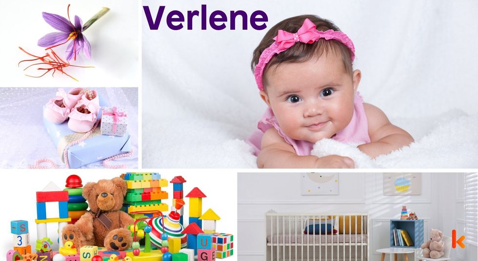 Baby Name Verlene - cute baby, flowers, shoes, cradle and toys.