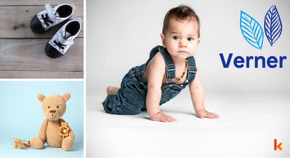 Baby Name Verner - cute baby, flowers, shoes and toys.