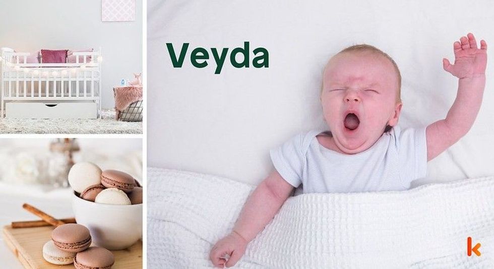 Baby name Veyda - cute baby, flowers, clothes, crib, accessories and toys.