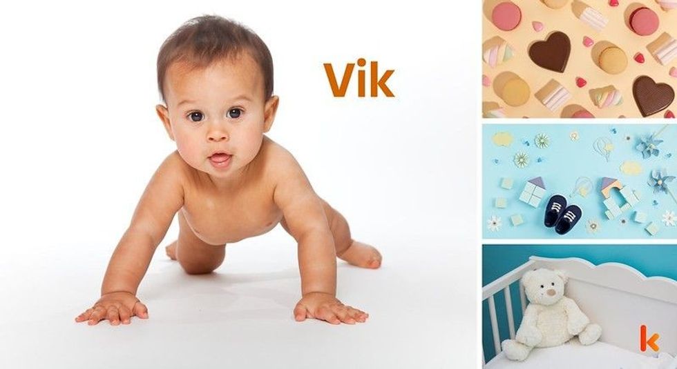 Baby Name Vik - cute baby, flowers, shoes, macarons and toys.
