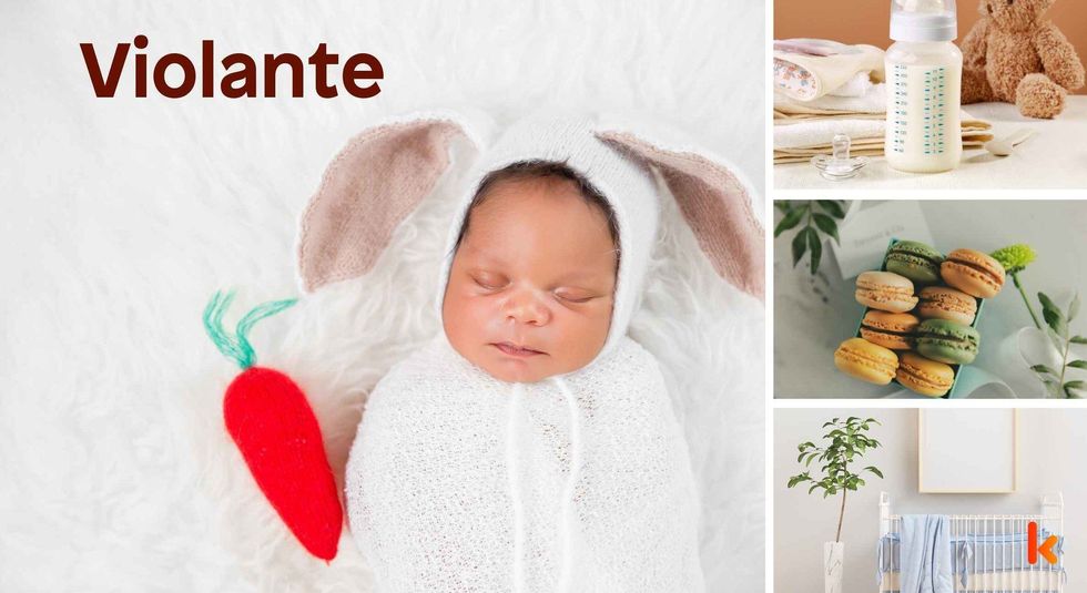 Baby Name Violante- cute baby, crib, sipper, macarons.