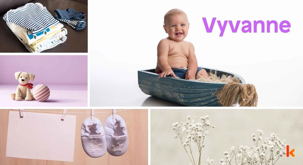 Baby Name Vyvanne - cute baby, flowers, dress, shoes and toys.