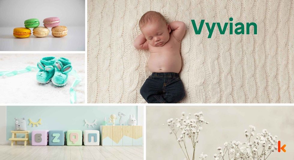 Baby Name Vyvian - cute baby, flowers, shoes, macarons and toys.