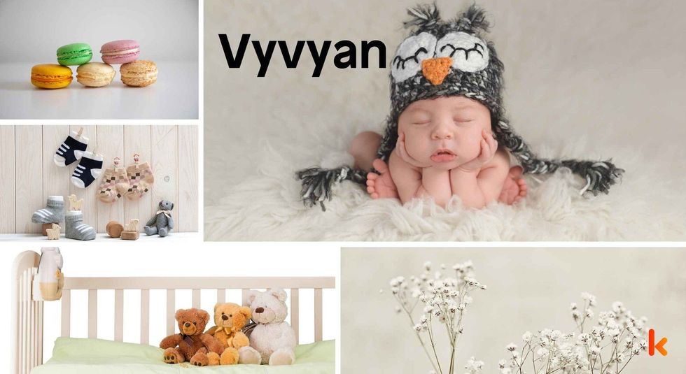 Baby Name Vyvyan - cute baby, flowers, shoes, macarons and toys.