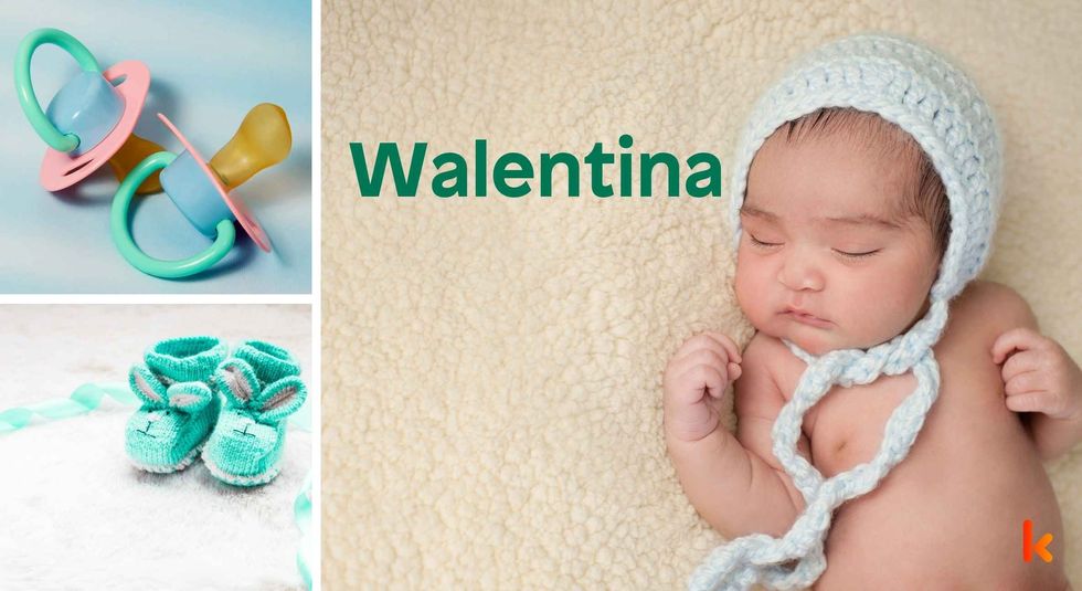 Baby Name Walentina - cute baby, flowers, shoes, pacifier and toys.