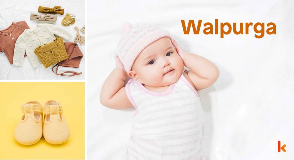 Baby Name Walpurga - cute baby, flowers, shoes and toys.