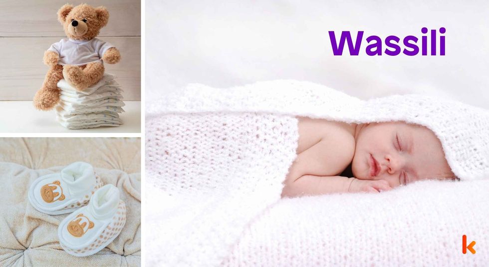 Baby Name Wassili - cute baby, flowers, dress, shoes and toys.
