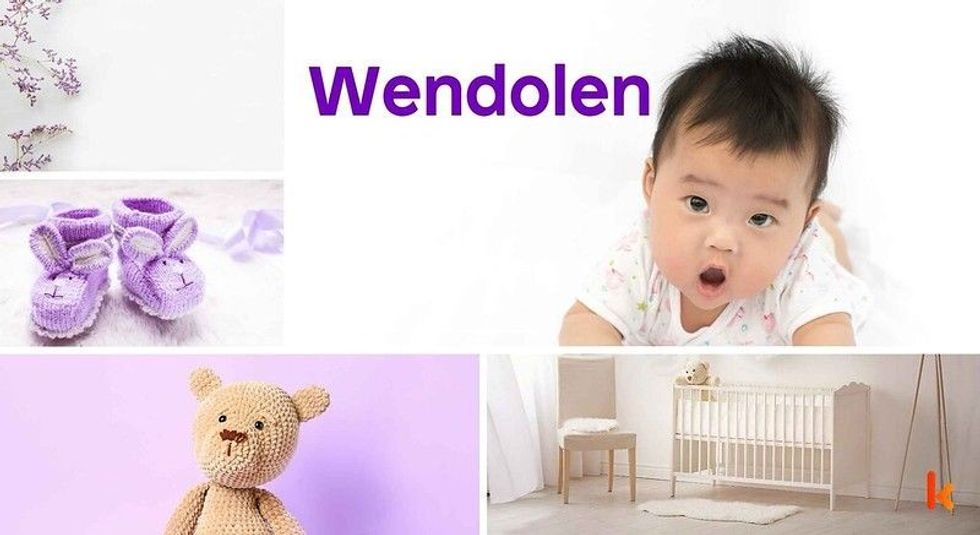Baby Name Wendolen - cute baby, flowers, shoes, cradle and toys.