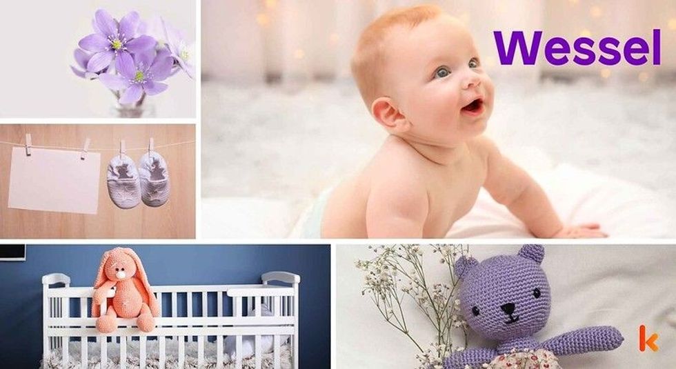 Baby Name Wessel - cute baby, flowers, shoes, cradle and toys.