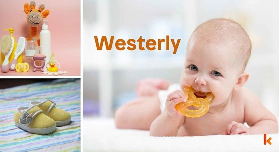 Baby Name Westerly - cute baby, shoes, pacifier and toys.