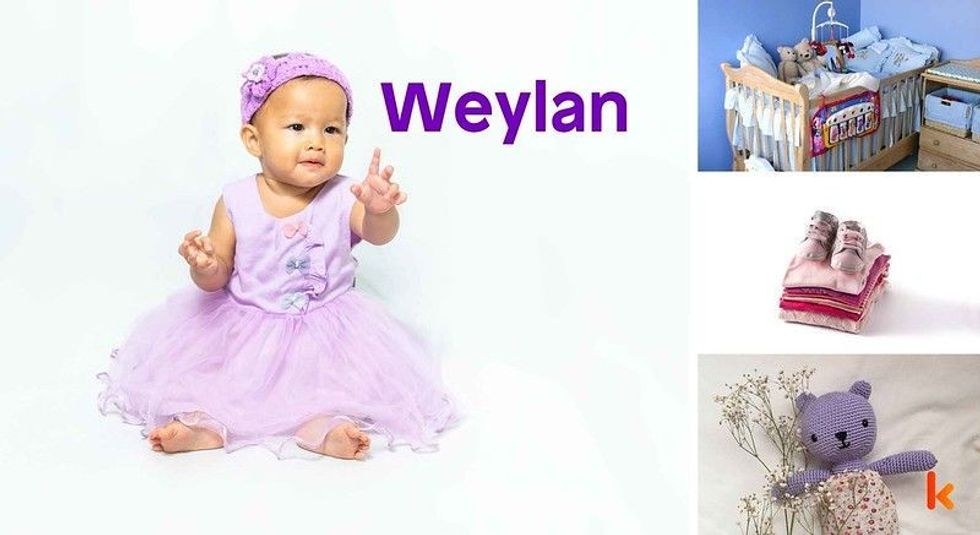 Baby Name Weylan - cute baby, shoes, cradle and toys.