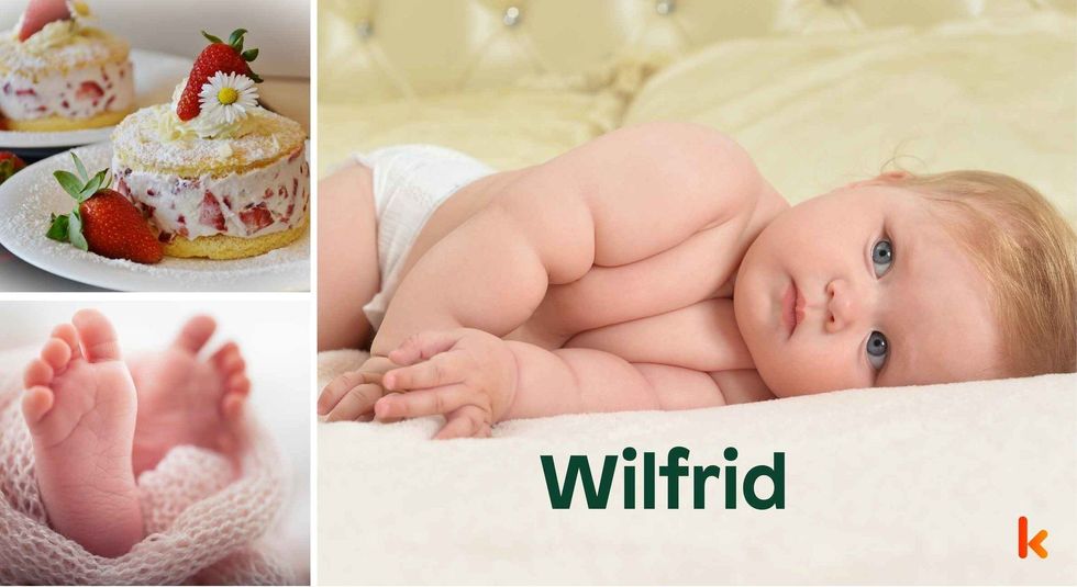Baby name Wilfrid - cute baby, feet, cake.