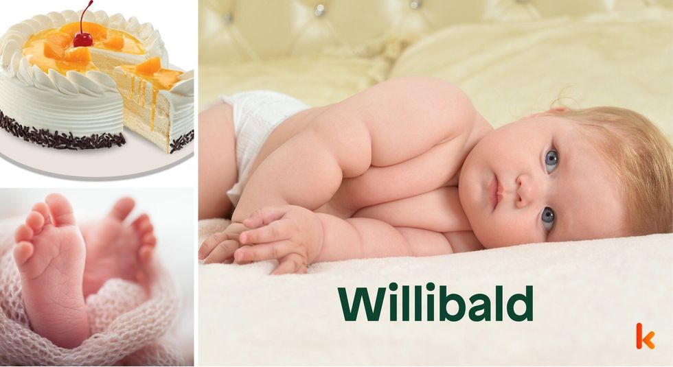 Baby name Willibald - cute baby, feet, cake.